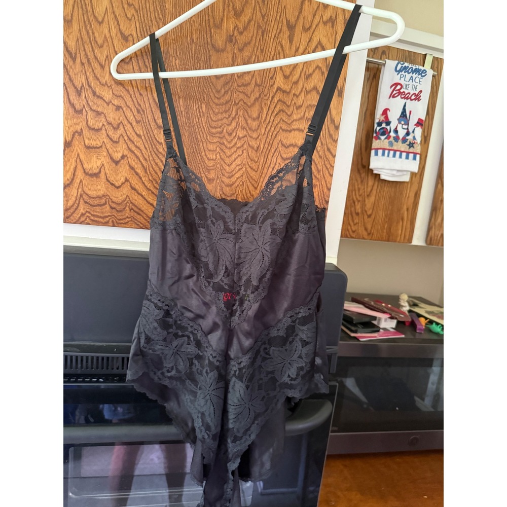 Vintage Black Satinand Floral Lace BodysuitAdjustable Straps SnapCrotch Lingerie